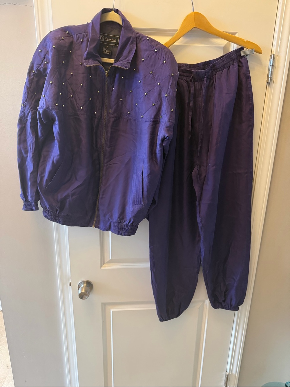 Silk Tracksuit Purple 2 Piece Studded Jacket Pants FUDA 90s Vintage Size M